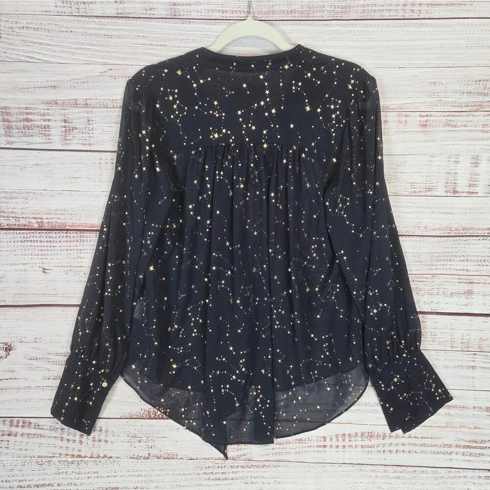Judith March Navy Blue Gold Star Blouse M Tie Sash Puff Sleeve Flare French Cuff - Picture 3 of 12